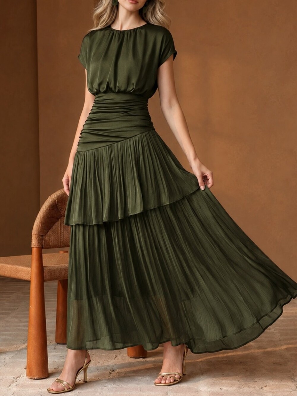 New Luxe Ruched Blouson Dropped Waist Tiered Maxi Dress Olive Green